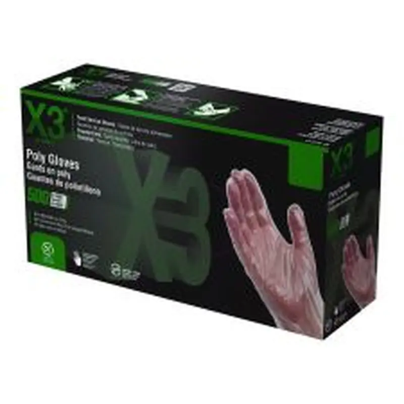 X3 by AMMEX Polyethylene Food Safe Industrial Gloves, Powder-Free, Large, Clear, 500/Box