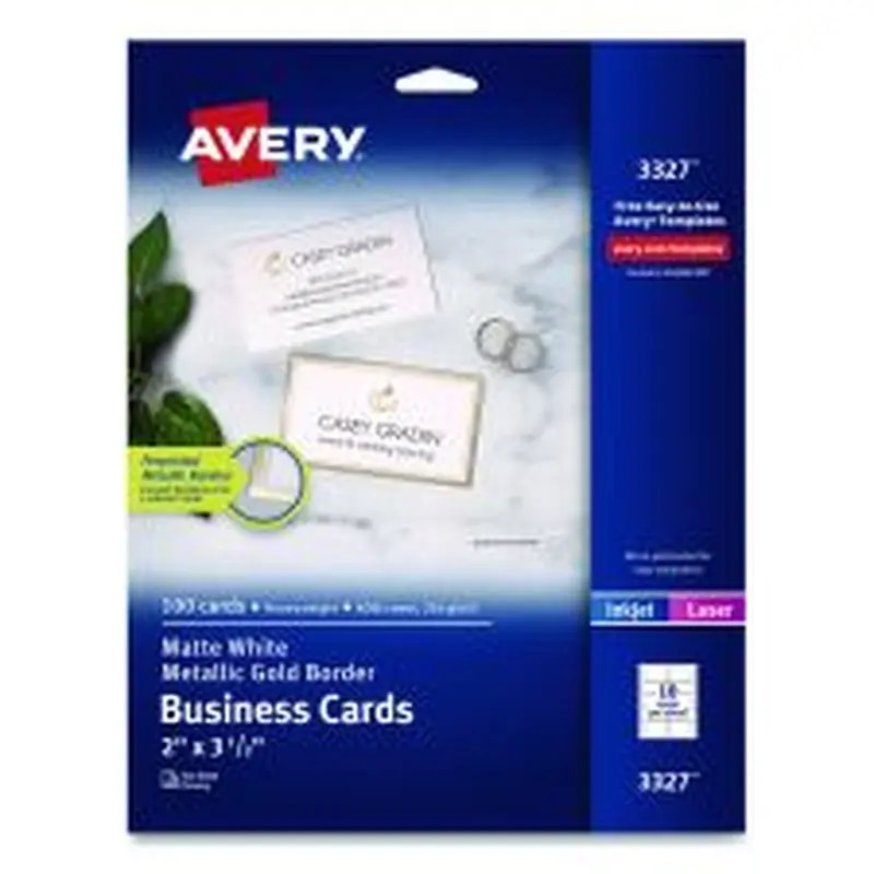 Avery Business Cards with Metallic Gold Borders, Inkjet/Laser, 2 x 3.5, White, 10 Cards/Sheet, 10 Sheets/Pack