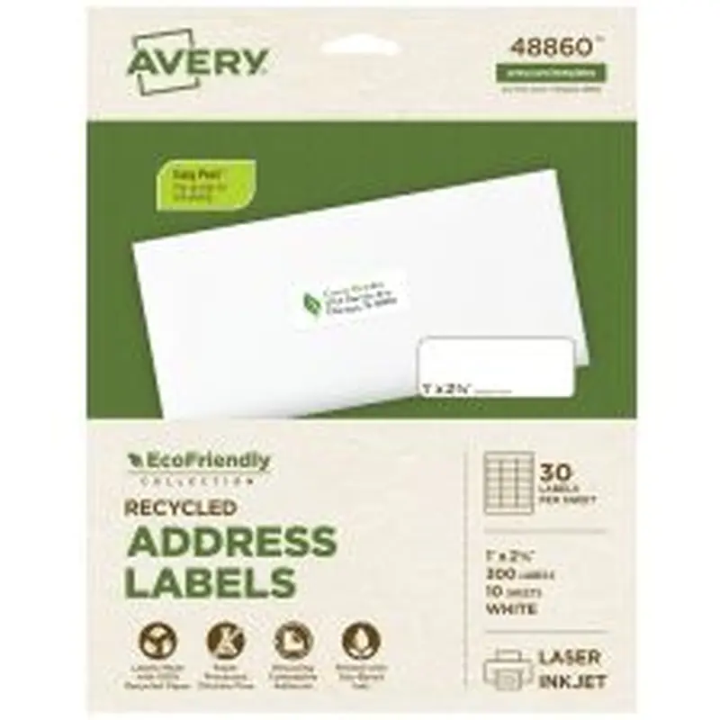Avery EcoFriendly Recycled Labels, Rectangle, 1" x 2-5/8", Matte White, Pack Of 300
