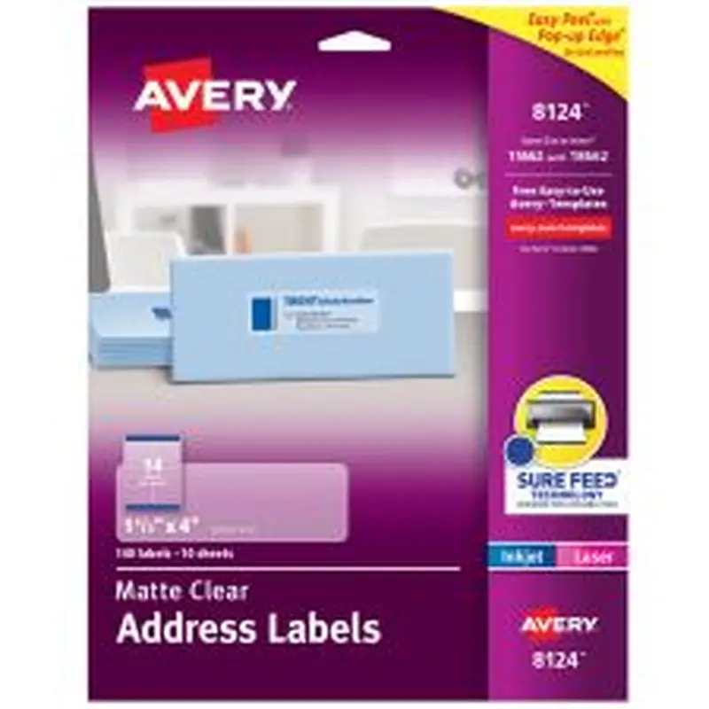 Avery Printable Labels With Sure Feed, Rectangle, 1-1/3" x 4", Matte Clear, Pack Of 140