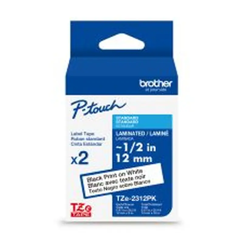 Brother P-touch TZe2312PK, Laminated, 2 X 0.47 in x 26.2 ft (12mm x 8m), Black on White Label Tape, 2 pack
