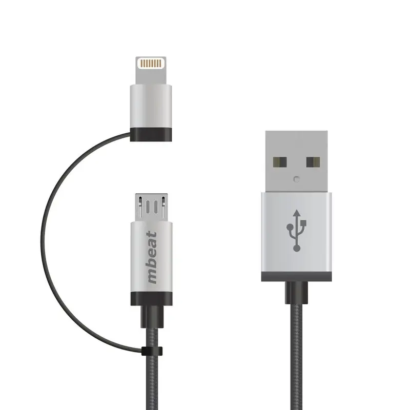 (LS) mbeat 1m Lightning and Micro USB Data Cable - 2-in-1/Aluminmum Shell Crush-Proof/Nylon Braided/Silver/ Apple/Andriod Tablet Mobile Device