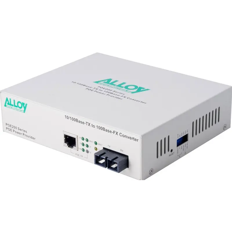 Alloy POE200SC PoE PSE Fast Ethernet Media Converter, has a 10/100Mbps PoE RJ-45 port and a SC terminated multimode fibre port