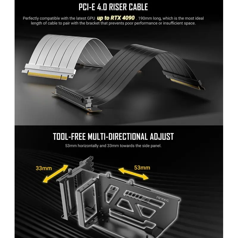 Antec Adjustable Vertical GPU Bracket and PCI-E 4.0 Riser Cable Kit (190mm) White x16 Speed, Gold Plated extreme stability & performance. 4090, 7900xt