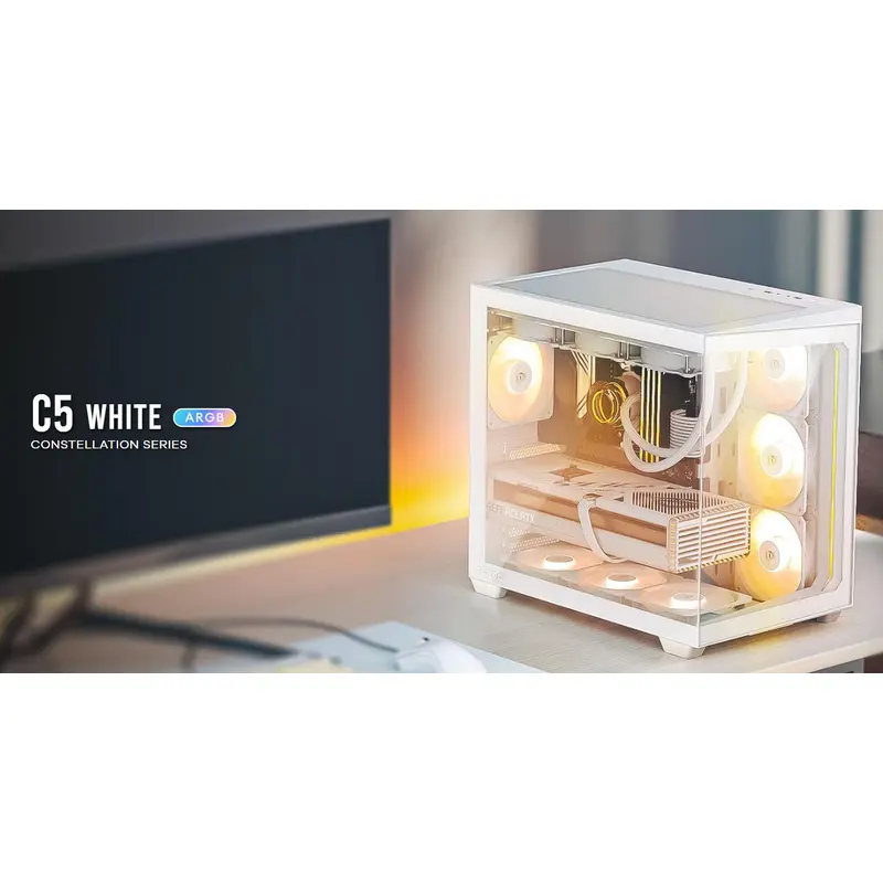 Antec C5 ARGB ATX, mATX Seamless Edge to Edge, White , 270 degrees, 7x ARGB   PWM Controller, 5090 Back Connect, USB-C, Dual Chamber Gaming Case