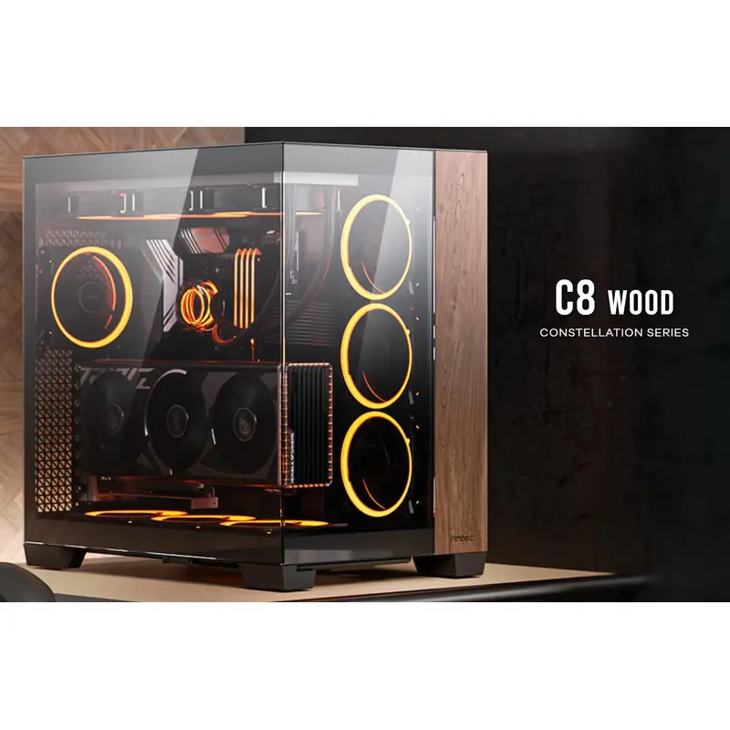 Antec C8 Wood ATX, E-ATX, Seamless Edge View Front and Side, USB-C, 4mm Tempered Glass, 360mm liquid cooler top, bottom, side. 2x USB 3.0 Black Case.