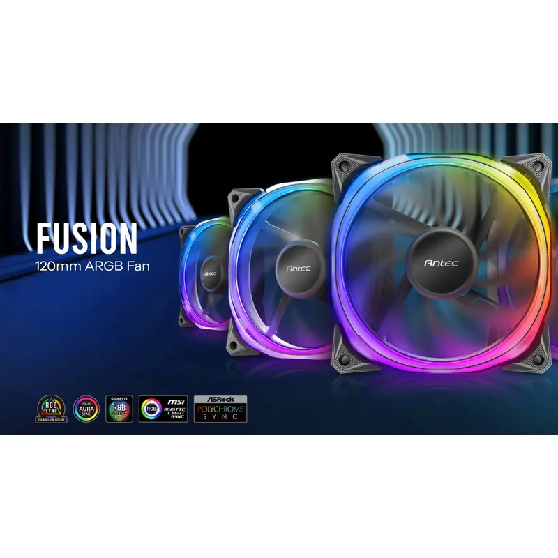 Antec Fusion 120mm ARGB PWM HB Fan, Airflow 57.93 CFM, Air Pressure 2.11, Noise Level 31.21. Woven Cable, PMW Daisy Chain design, 3 Yrs Warranty