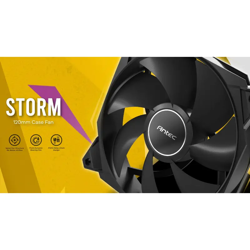 Antec Storm 120mm PWM FDB Fan 3 Pack, High Airflow 66.56 CFM, Air Pressure 2.7, Noise Level 25.8. Woven Cable, PMW Daisy Chain design, 3 Yrs Wty (LS