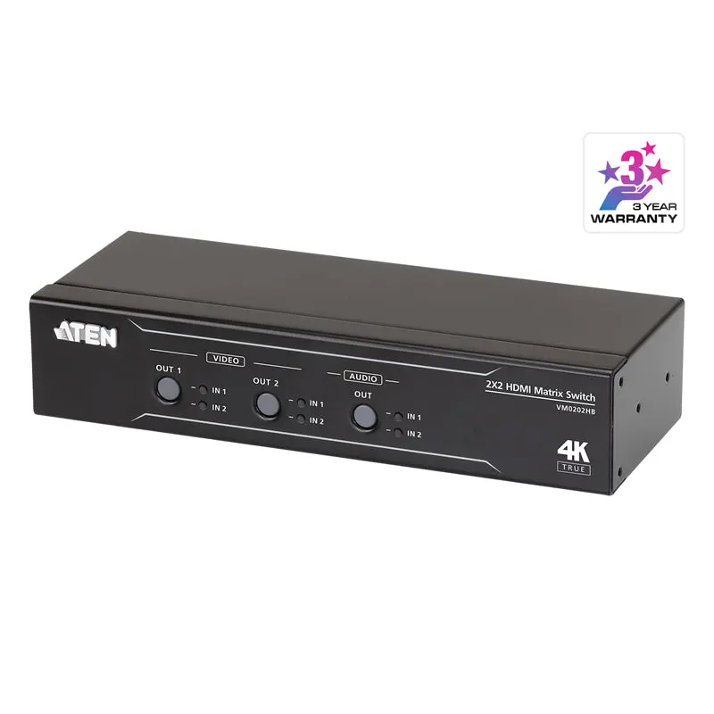 Aten VM0202HB 2x2 True 4K HDMI Matrix Switch with audio de-embedder, supports control via pushbuttons, IR remote or RS232 serial, Auto Switching