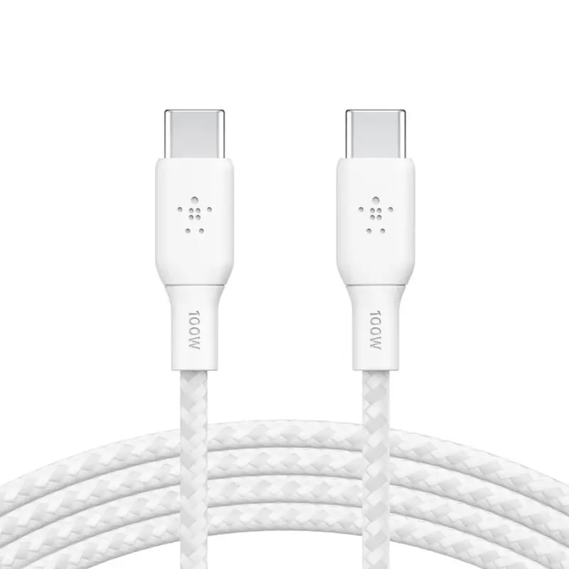 Belkin BoostCharge Braided USB-C to USB-C Cable 2M - White (CAB014bt2MWH), 100W, 480Mbps, 30K , Samsung Galaxy, Google, 2 Years Warranty
