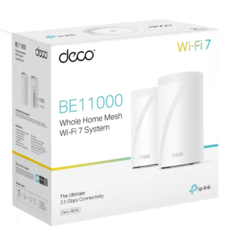 TP-Link Deco Deco BE65(2-pack) BE11000 Whole Home Mesh Wi-Fi 7 System  (WIFI7)  574 Mbps at 2.4 GHz   4320 Mbps at 5 GHz   5760 Mbps at 6 GHz