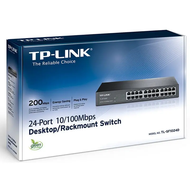 TP-Link TL-SF1024D 24-Port 10/100Mbps Rackmount Unmanaged Switch energy-efficient Supports MAC 13-inch Desktop steel case 4.8 Gbps Switching Cap