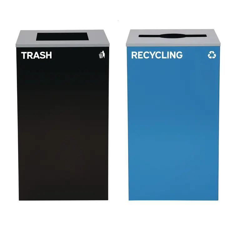 Alpine Industries 29 Gallon Trash/Recycling Cans, Steel, Blue Recycling with Mixed Lid, Black Trash Can with Square Lid (ALH4450BLKKIT4) Each