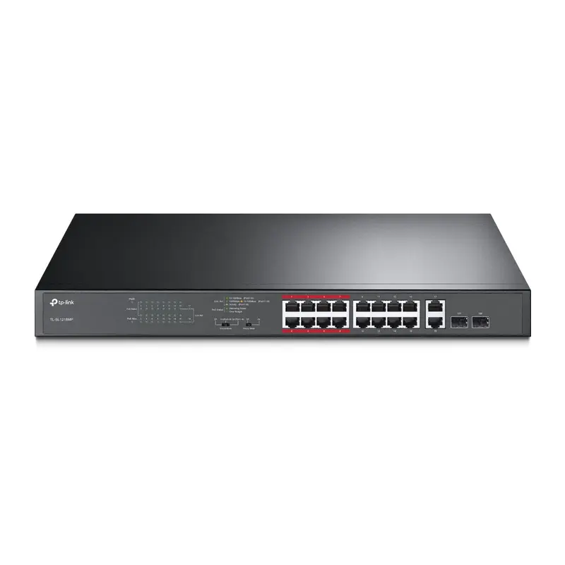 TP-Link TL-SL1218MP 16-Port 10/100Mbps PoE  Switch, 16 10/100Mbps RJ45 Ports, 2 Gigabit RJ45 Ports, 2 Combo SFP Slots, 802.3at/af, 192W PoE Power, 1U