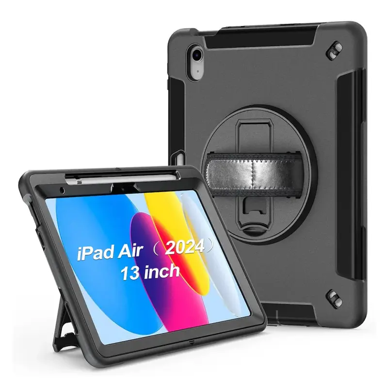 USP Rugged Apple iPad Air M2 (13') (1st Gen) / iPad Pro (12.9') (6th/5th/4th/3rd) Case Black - Built-in-Kickstand, Adjustable Hand Strap