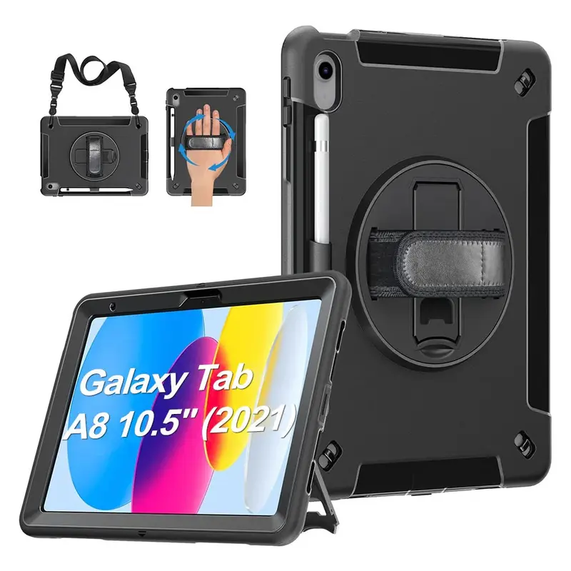 USP Rugged Samsung Galaxy Tab A8 (10.5') Case Black - Built-in-Kickstand, Adjustable Hand Strap, Pen Holder, DropProof, ShockProof, Raised Edges