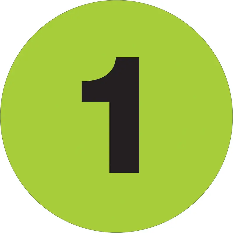 1" Circle - "1" (Fluorescent Green) Number Labels (DL6751) Roll Of 500