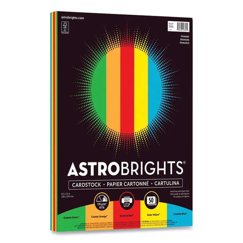 Astrobrights Color Cardstock, 65 lb Cover Weight, 8.5 x 11, Assorted Primary Colors, 50/Pack (WAU9932502) Each