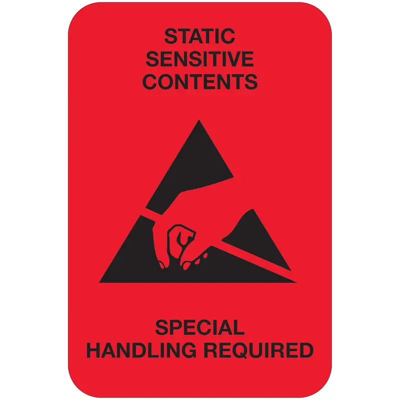 2 x 3" - "Static Sensitive Contents" (Fluorescent Red) Labels (DL1372) Roll Of 500