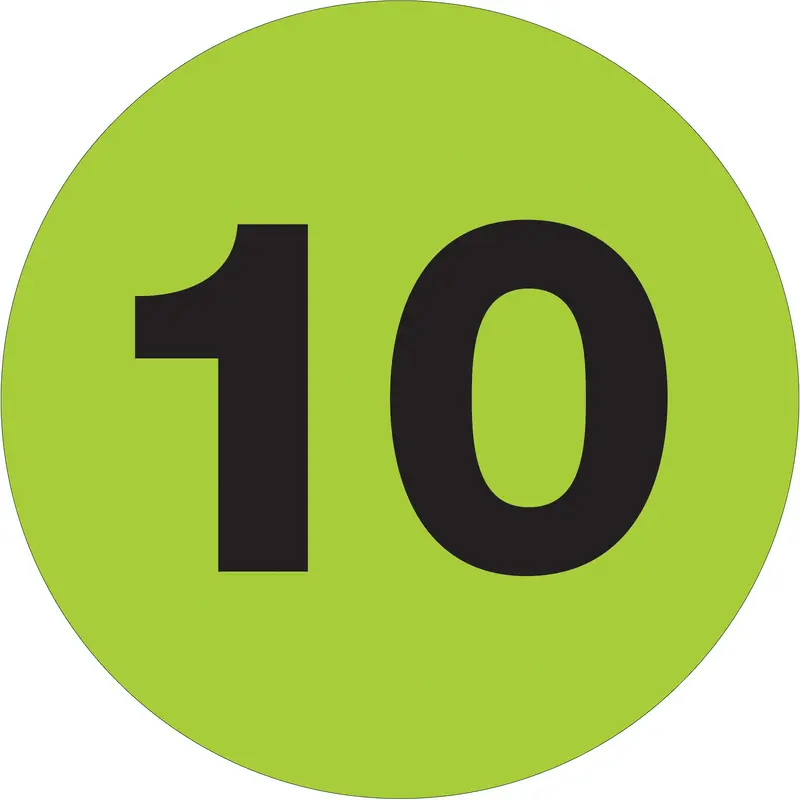 2" Circle - "10" (Fluorescent Green) Number Labels (DL6778) Roll Of 500