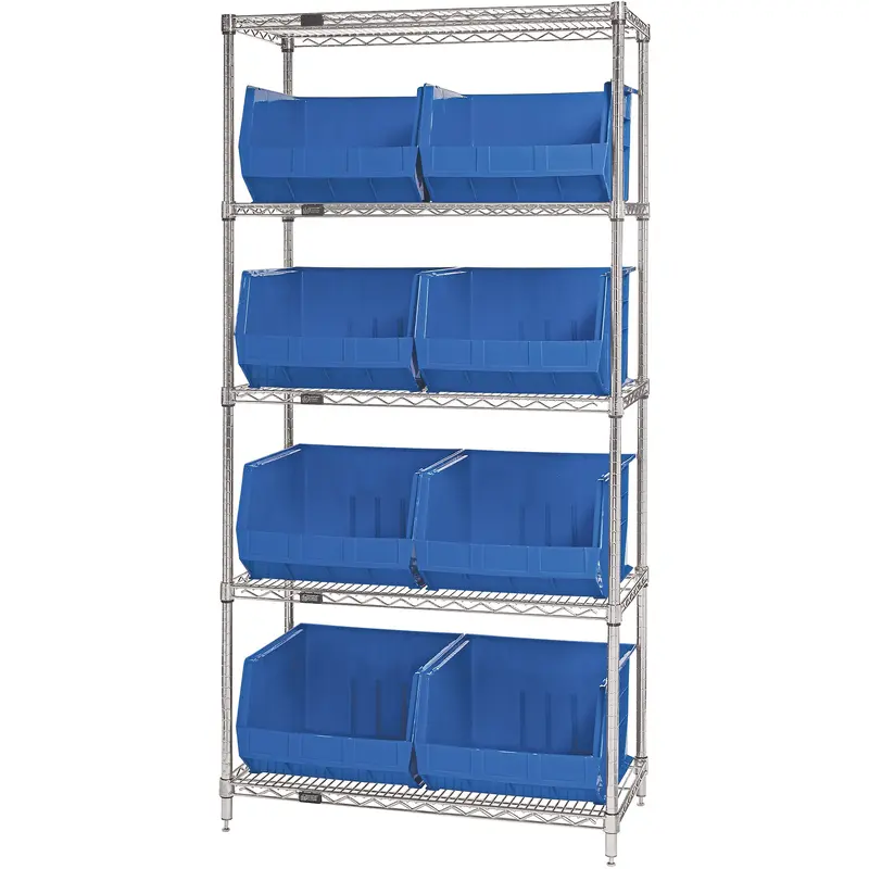 36 x 18 x 74" - 5 Shelf Wire Shelving Unit with (8) Blue Bins (WSBQ270B) Each
