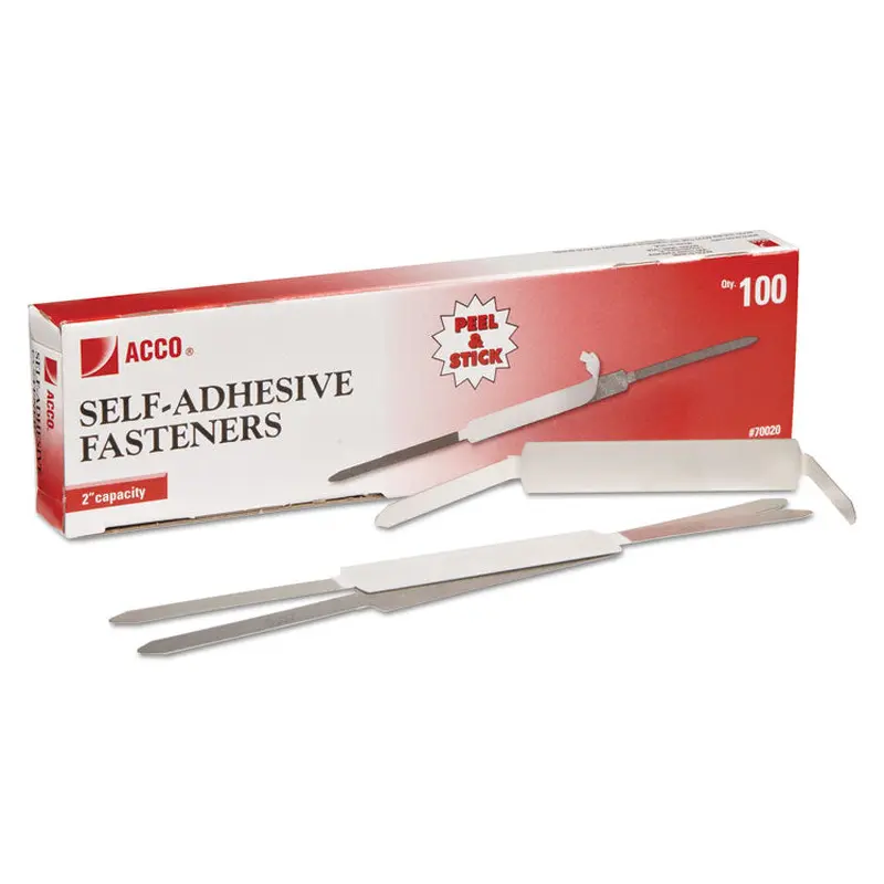 ACCO Self-Adhesive Two-Prong Paper Fastener Bases, 2" Capacity, 2.75" Center to Center, Matte Steel, 100/Box (ACC70020) Box of 100 Fasteners