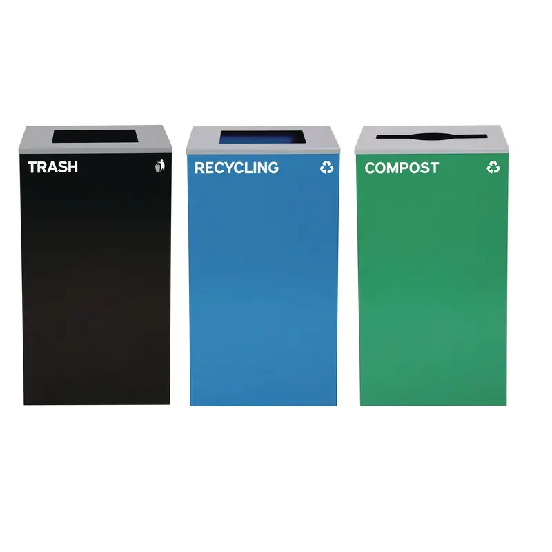 Alpine Industries 29 Gallon Trash/Recycling Cans, Steel, Blue Recycling Can and Black Trash Can w/Square Lids, Green Compost Can with Mixed Lid (ALH4450BLKKIT23) Each