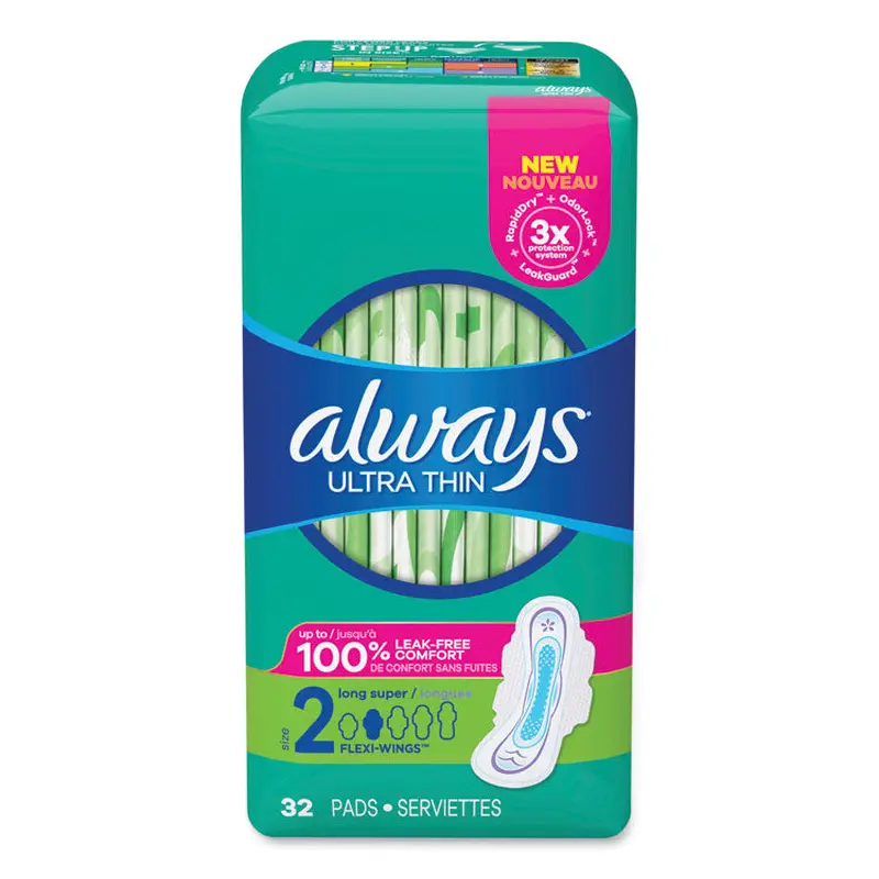 Always Ultra Thin Pads with Wings, Size 2, Long, Super Absorbent, 32/Pack, 3 Packs/Carton (PGC97020) Case of 3