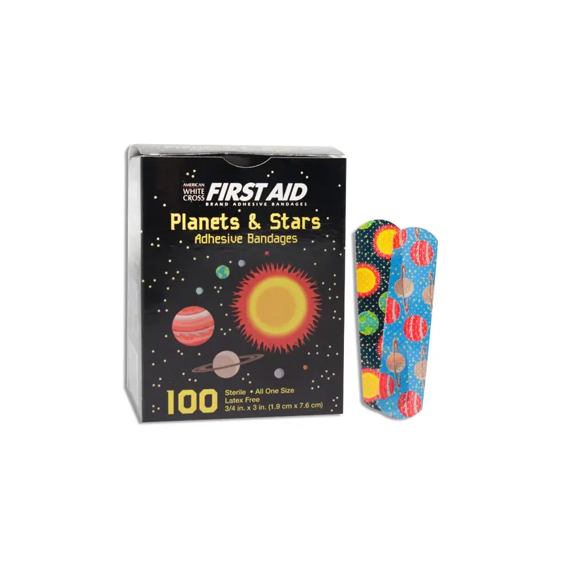 American White Cross Adhesive Strip 5/8 X 2-1/4 Inch Plastic Rectangle Kid Design (Planets / Stars) Sterile (865427_CS) 12/CS
