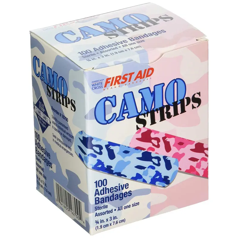 American White Cross Stat Strip Adhesive Strip 3/4 X 3 Inch Plastic Rectangle Kid Design (Blue / Pink Camo) Sterile (1099738_CS) 1200/CS