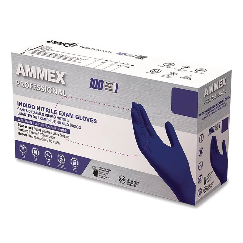 Ammex Professional Nitrile Exam Gloves, Powder-Free, Small, Indigo, 100/Box (AXCAINPF42100BX) Box of 100