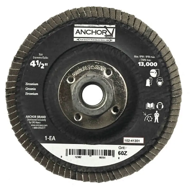 Anchor Brand Abrasive Flap Disc, 4-1/2 in, 60 Grit, 7/8 in Arbor, 12,000 rpm (102-40374) Each