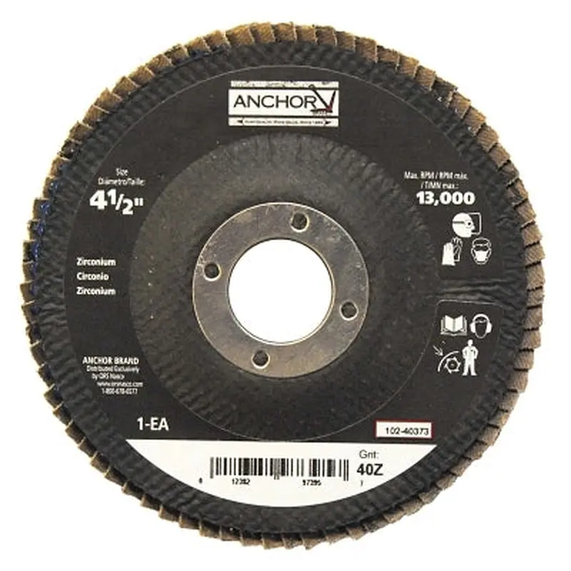 Anchor Brand Abrasive High Density Flap Disc, 4-1/2 in Dia, 40 Grit, 7/8 in Arbor, 12,000 rpm (102-40373) Each