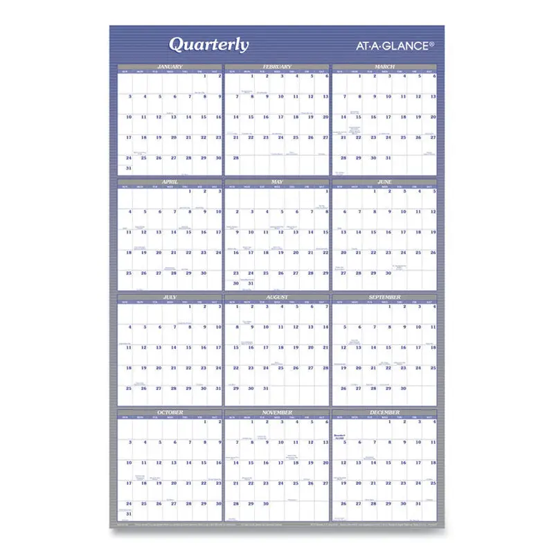 AT-A-GLANCE Vertical/Horizontal Erasable Quarterly/Monthly Wall Planner, 24 x 36, White/Blue Sheets, 12-Month (Jan to Dec): 2026 (AAGA1102) Each
