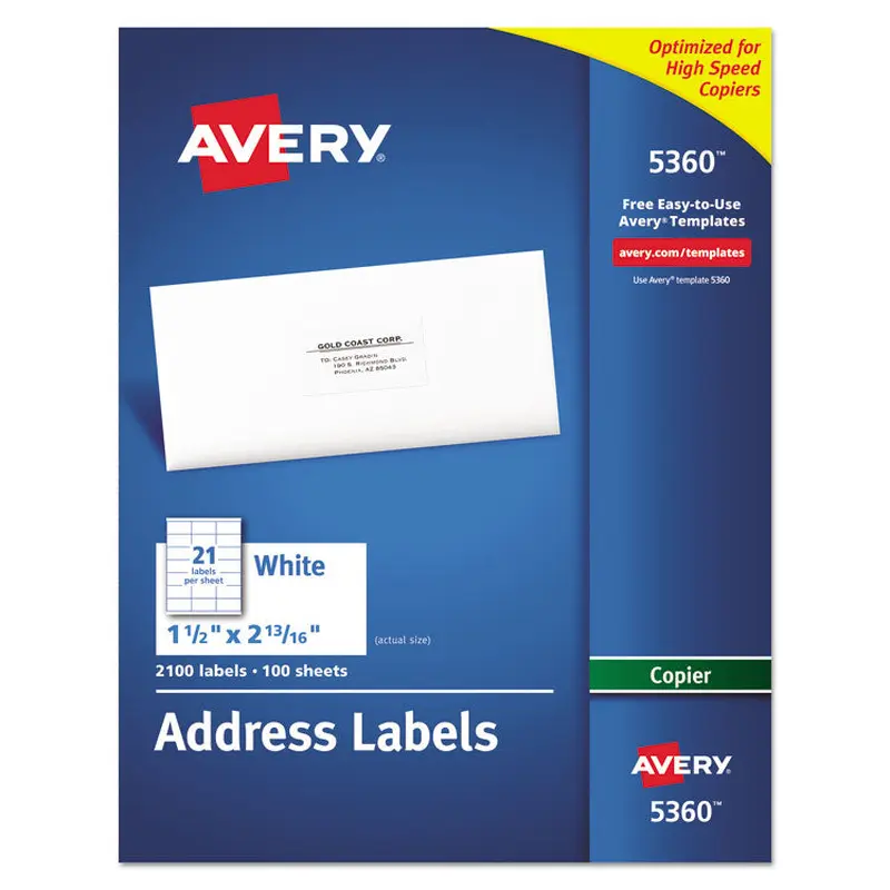 Avery Copier Mailing Labels, Copiers, 1.5 x 2.81, White, 21/Sheet, 100 Sheets/Box (AVE5360) Box of 2100