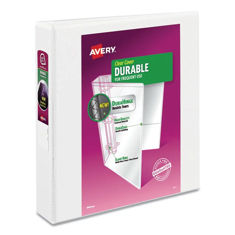 Avery Durable View Binder with DuraHinge and Slant Rings, 3 Rings, 1.5" Capacity, 11 x 8.5, White, 4/Pack (AVE17576) Pack of 4