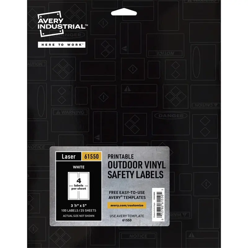 Avery® Adhesive Printable Vinyl Signs, 3 1/2" x 5", 4 / Sheet, 25 Total Sheets, 100 Total Labels (AVE61550) Each