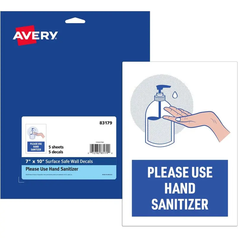Avery® Decal,"Please Use Hand Sanitizer" ,Wall,7"X10" ,5/Pk,We (AVE83179) Pack of 5