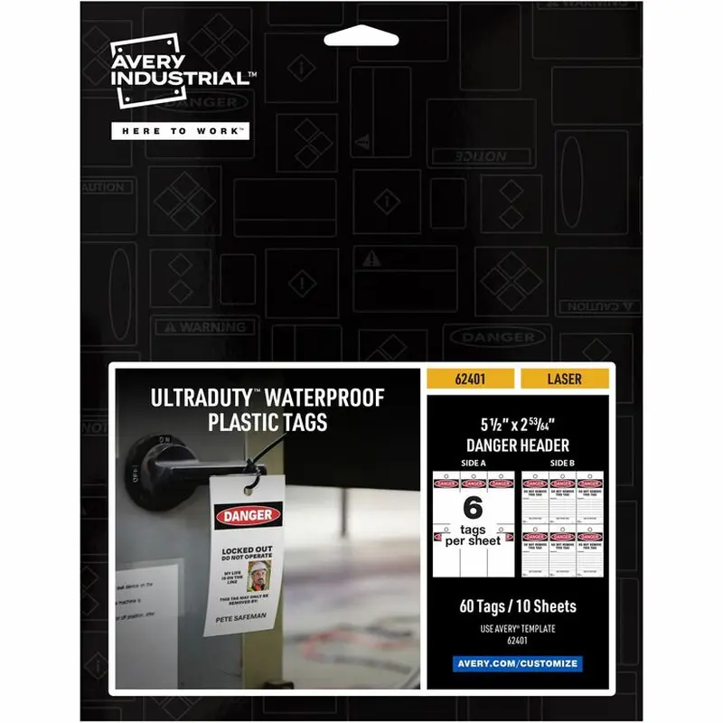 Avery® UltraDuty LOTO Prerinted DANGER Hang Tags - 2.92" Length x 5.50" Width - 60 / Pack - Plastic - White (AVE62401) Each