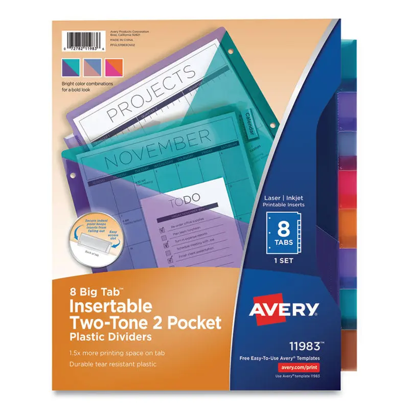 Avery Big Tab Insertable Two-Pocket Plastic Dividers, 8-Tab, 11.13 x 9.25, Assorted, 1 Set (AVE11983) Each