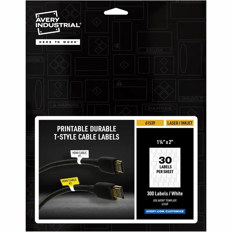 Avery Cable Self-Adhesive Waterproof Labels, T-Style, 1.25" x 2" , 300 Total (61539) (AVE61539) 1 Pack
