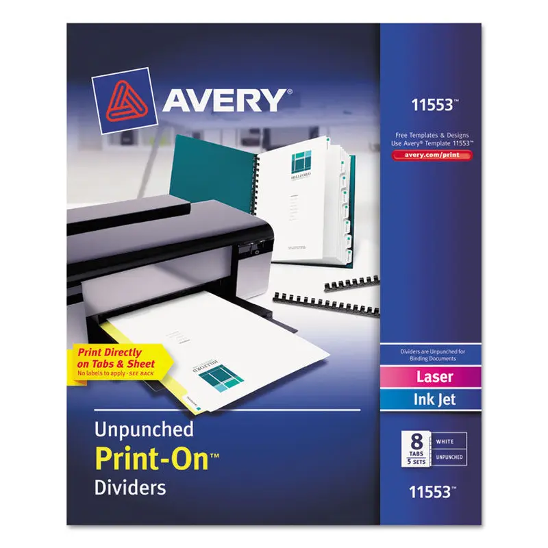 Avery Customizable Print-On Dividers, Unpunched, 8-Tab, 11 x 8.5, White, 5 Sets (AVE11553) Pack of 5