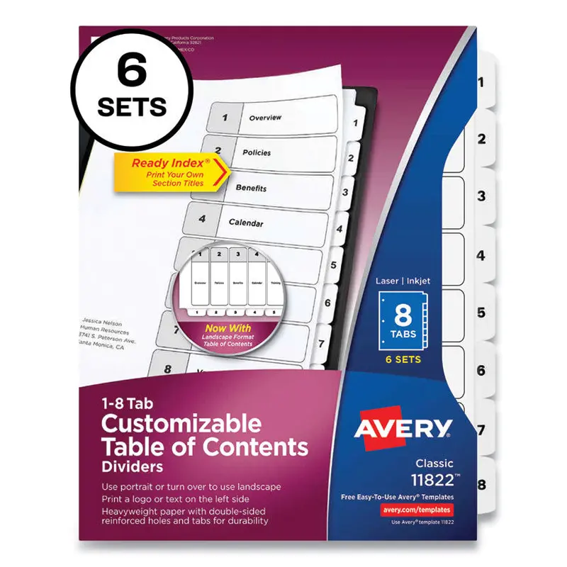 Avery Customizable Table of Contents Ready Index Black and White Dividers, 8-Tab, 1 to 8, 11 x 8.5, White, 6 Sets (AVE11822) Pack of 6
