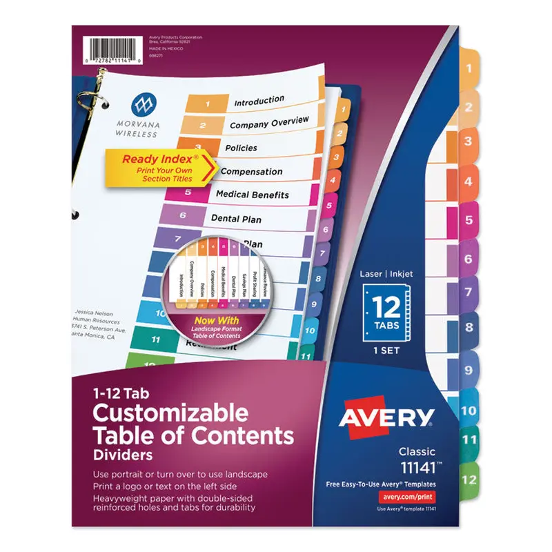 Avery Customizable TOC Ready Index Multicolor Tab Dividers, 12-Tab, 1 to 12, 11 x 8.5, White, Traditional Color Tabs, 1 Set (AVE11141) Set of 12