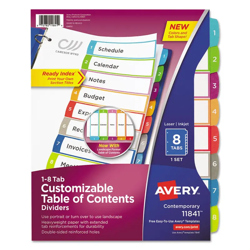 Avery Customizable TOC Ready Index Multicolor Tab Dividers, 8-Tab, 1 to 8, 11 x 8.5, White, Contemporary Color Tabs, 1 Set (AVE11841) 1 Set