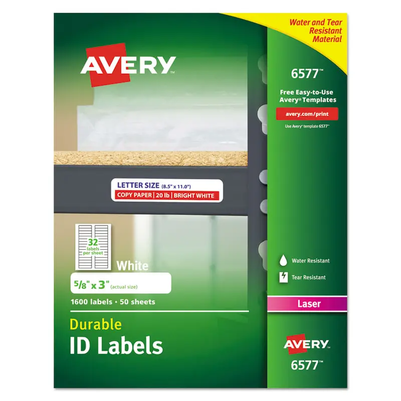 Avery Durable Permanent ID Labels with TrueBlock Technology, Laser Printers, 0.63 x 3, White, 32/Sheet, 50 Sheets/Pack (AVE6577) Pack of 1600