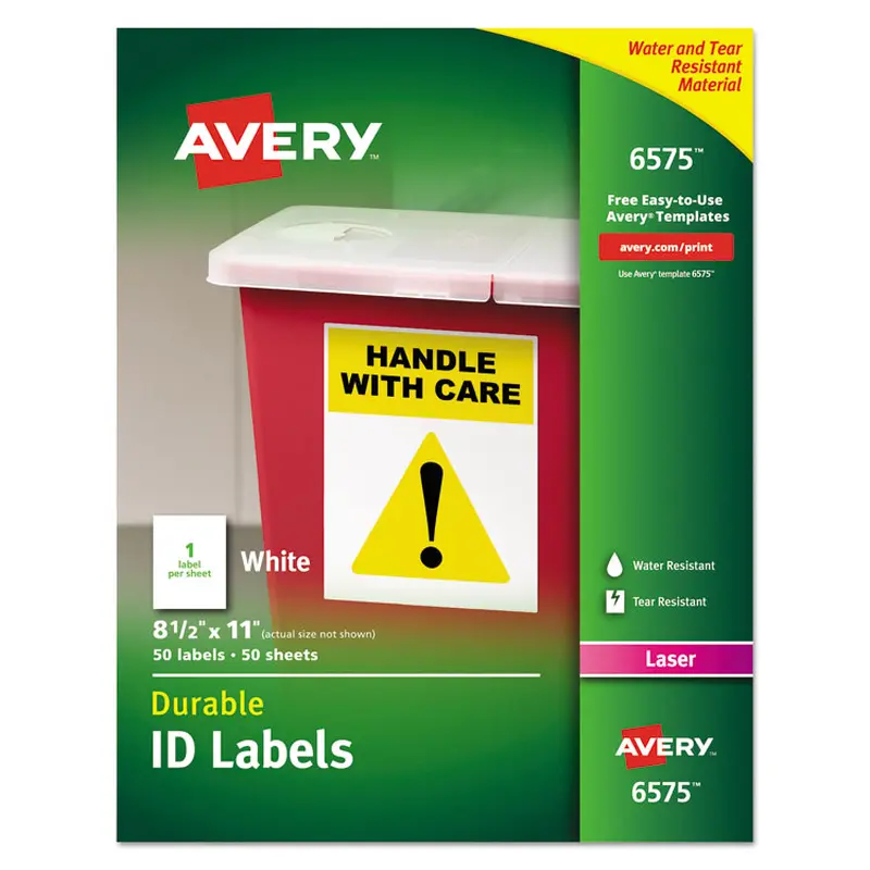 Avery Durable Permanent ID Labels with TrueBlock Technology, Laser Printers, 8.5 x 11, White, 50/Pack (AVE6575) Pack of 50