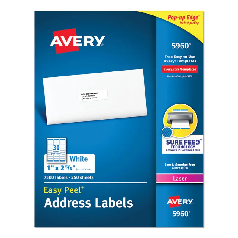 Avery Easy Peel White Address Labels w/ Sure Feed Technology, Laser Printers, 1 x 2.63, White, 30/Sheet, 250 Sheets/Pack (AVE5960) Box of 7500