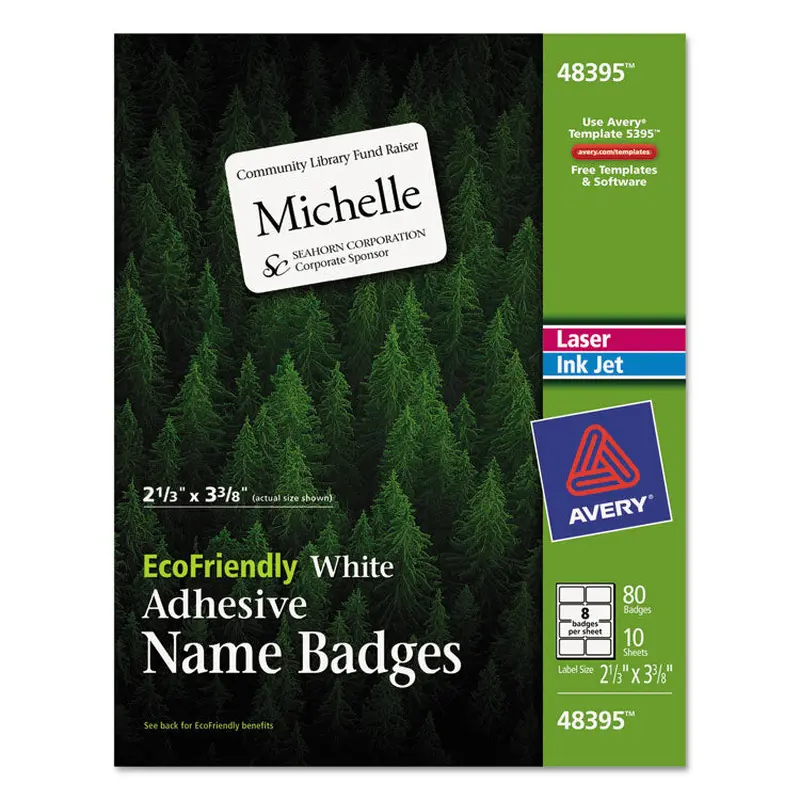 Avery EcoFriendly Adhesive Name Badge Labels, 3.38 x 2.33, White, 80/Pack (AVE48395) Pack of 80
