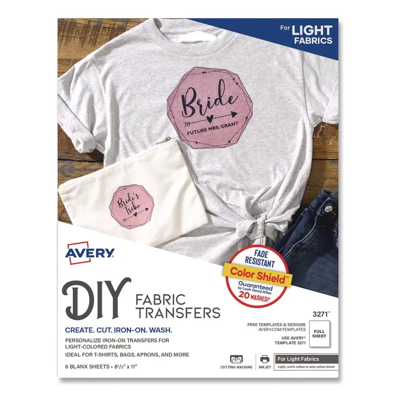 Avery Fabric Transfers, For Light-Colored Fabrics, 8.5 x 11, White, 6/Pack (AVE3271) Pack of 6
